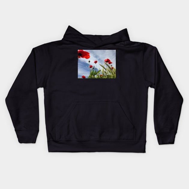 Coquelicots dans le ciel breton Kids Hoodie by rollier